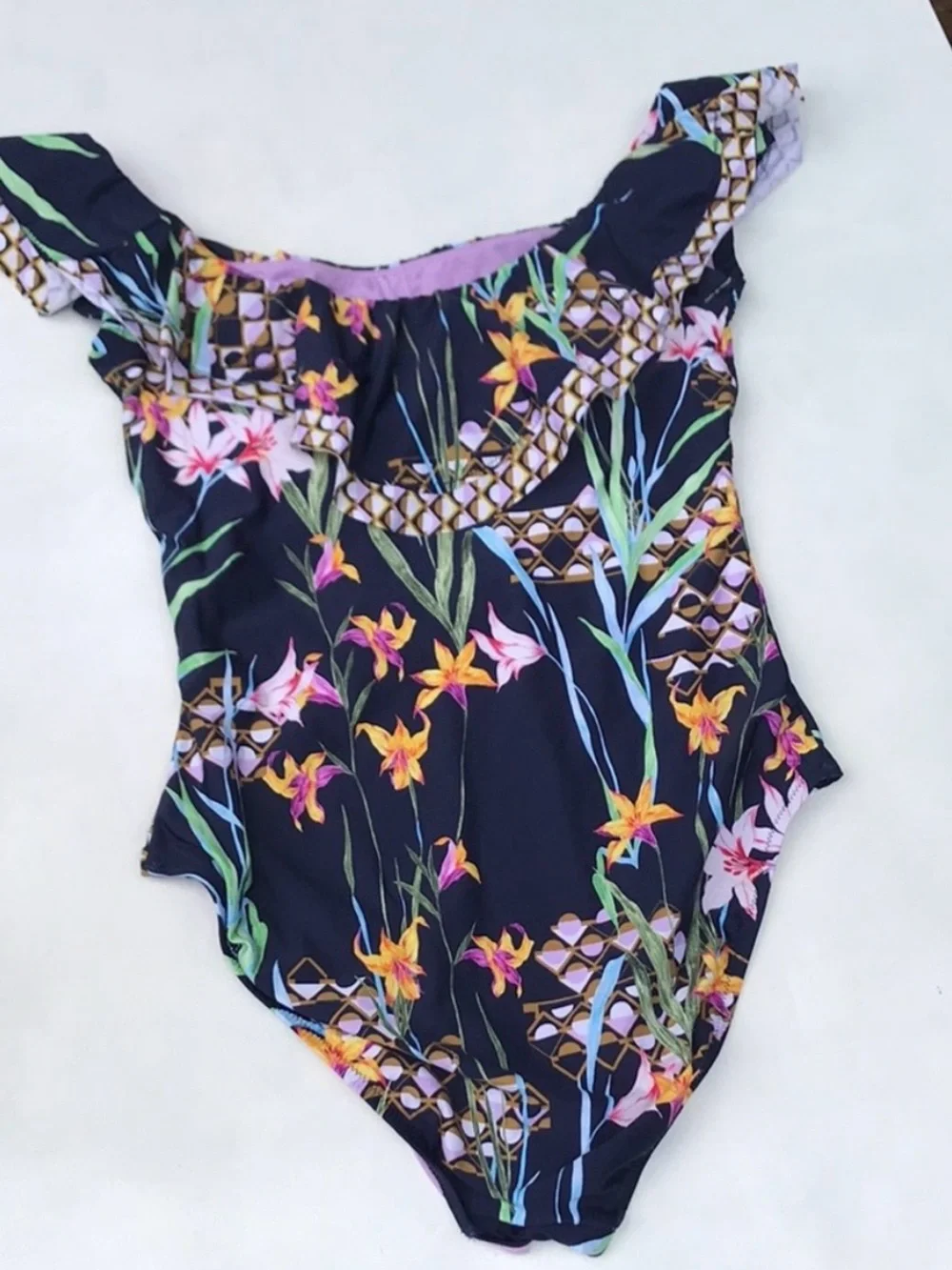 Trina Turk Fiji Floral Ruffle Off The Shoulder One Piece Swimsuit 12 Blue Multi